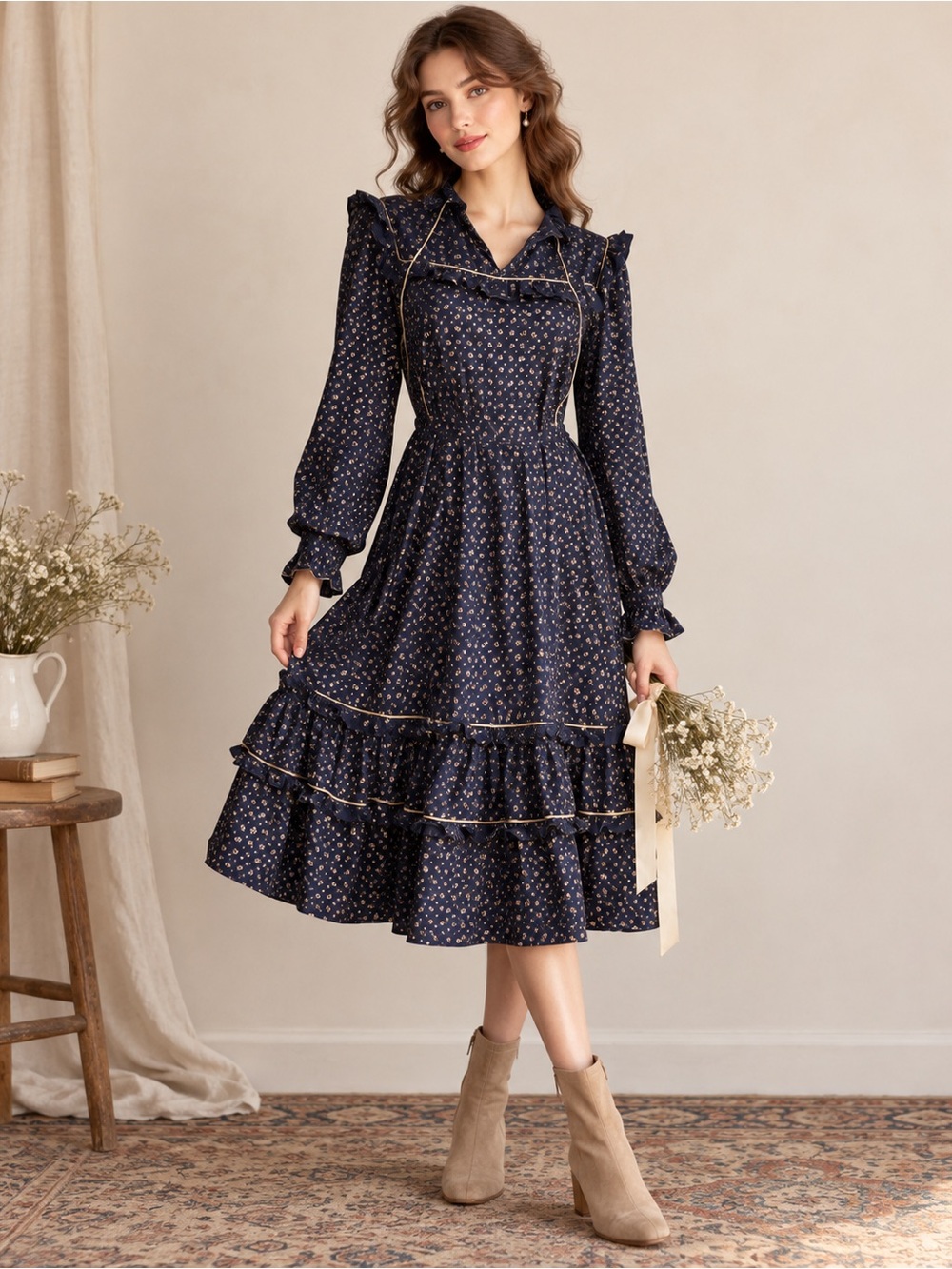 Vintage Navy Floral Ruffle Bohemian Cottage-core Midi Dress Size 40